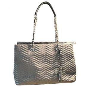Perlina New York Metallic Silver Quilted Chevron Pattern Vegan Leather Tote